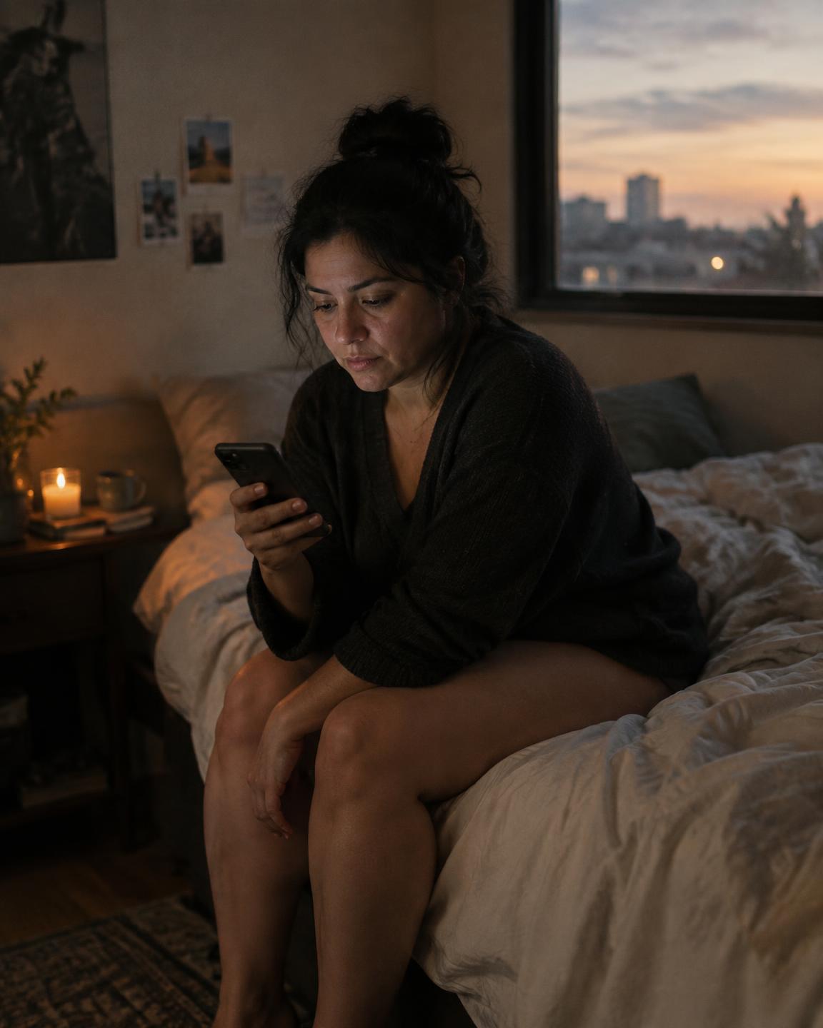 Mujer sentada en su cama mirando el teléfono al anochecer